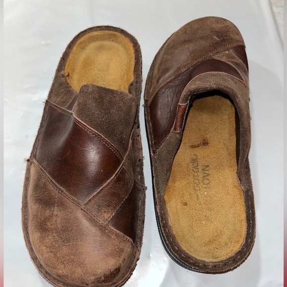 NAOT brown patchwork chunky leather suede Slip On shoes Mule Clogs EURO 37, Sz 7 - Picture 8 of 16